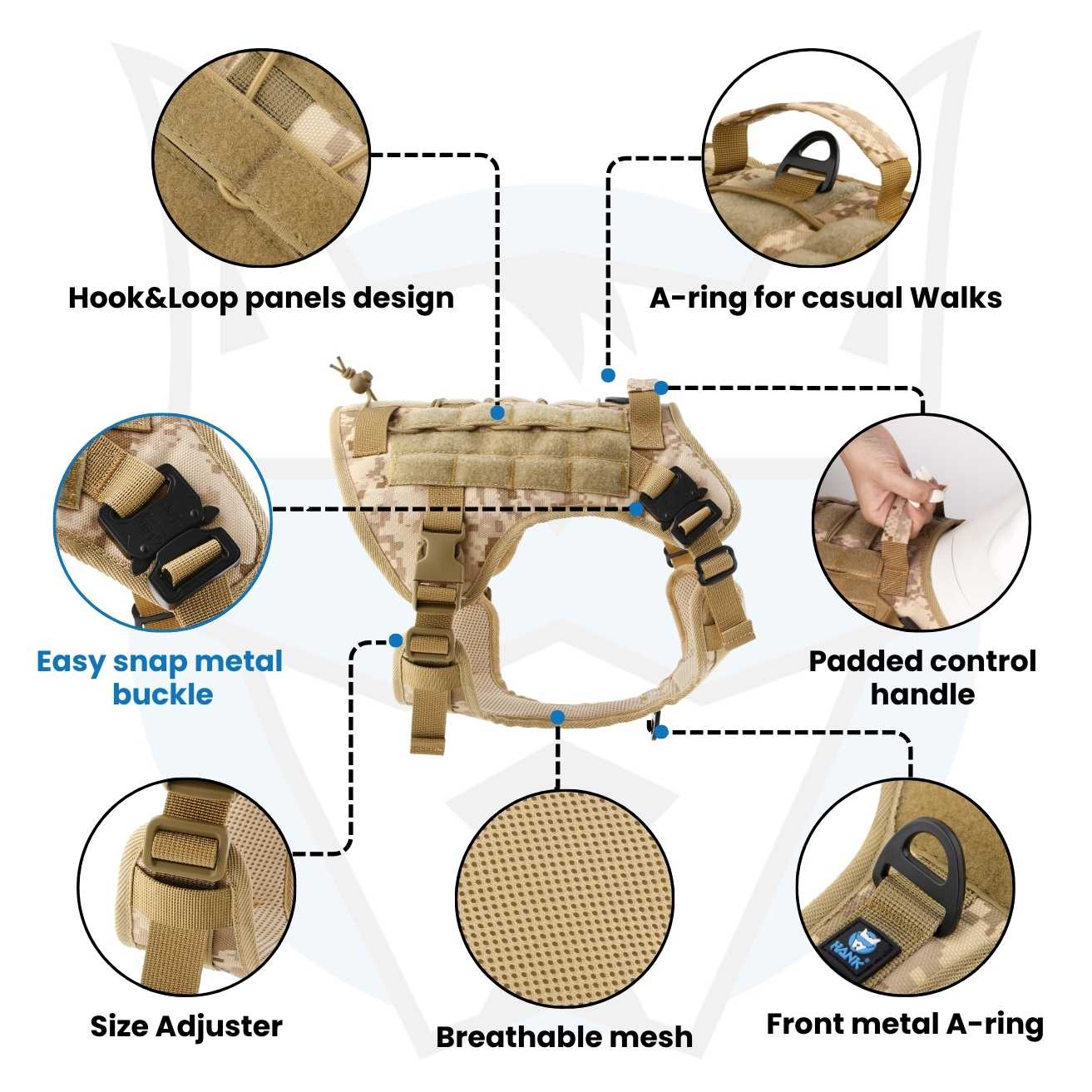 HANK US Military Brown Dog Harness - With Strong Front Metal Buckle
