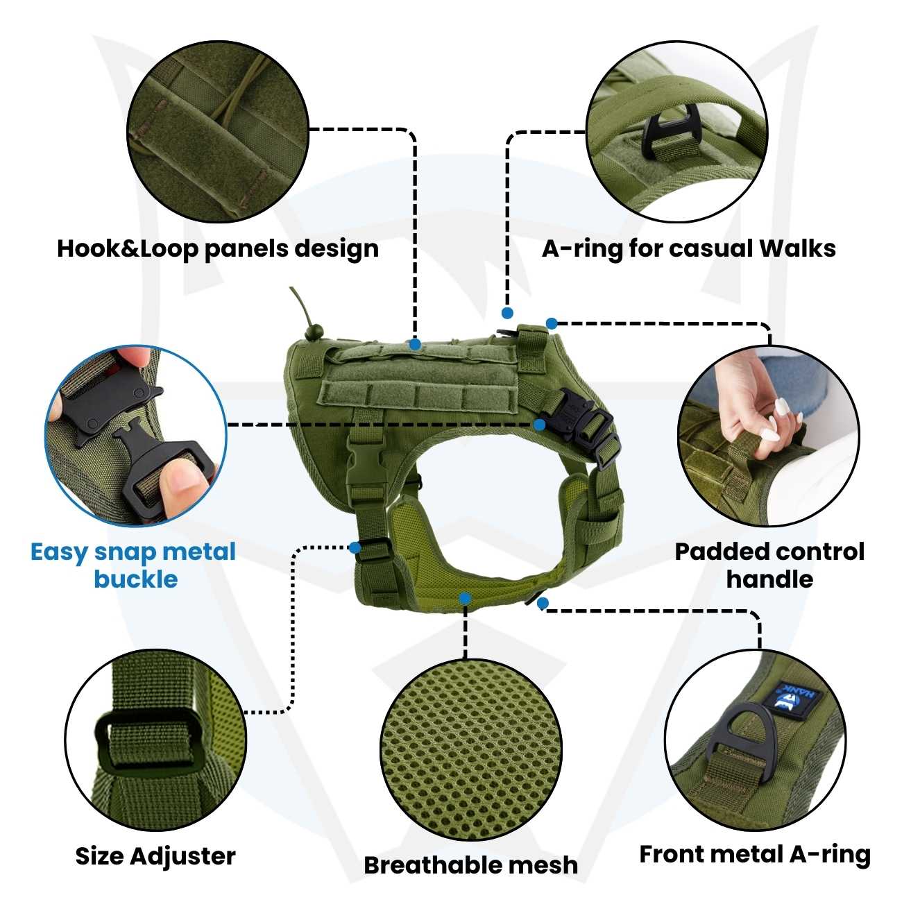 HANK Green Military Dog Harness - With Strong Front Metal Buckle
