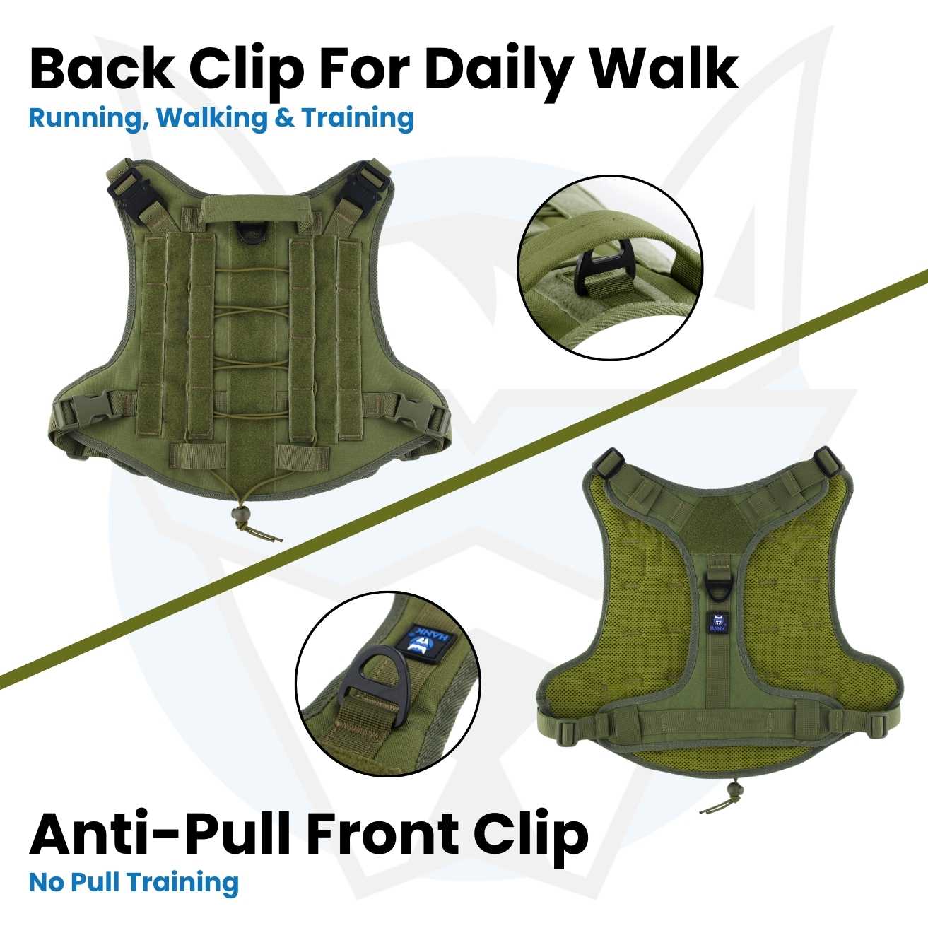 HANK Green Military Dog Harness - With Strong Front Metal Buckle