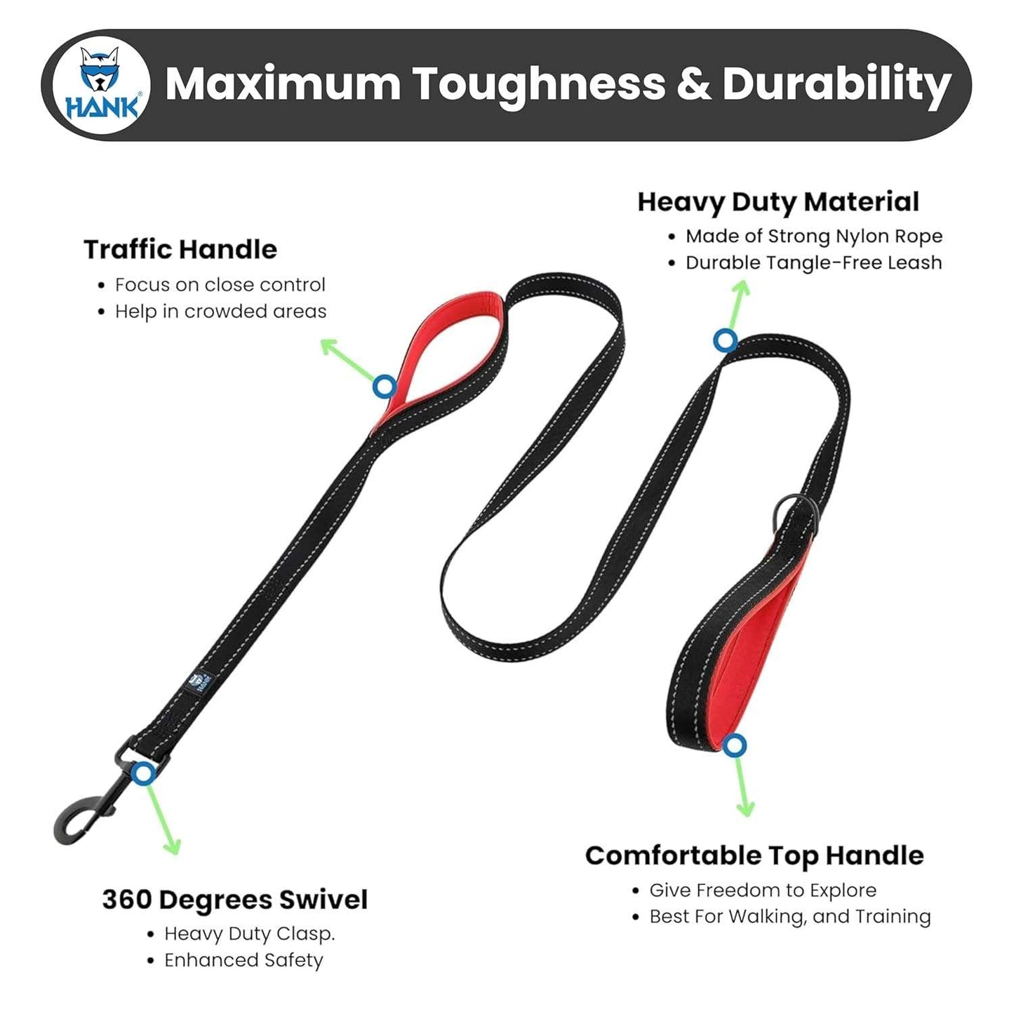 HANK Dog Leash Design for Heavy Puller | Thick Durable Comfortable (Double Handle) Red
