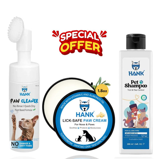 HANK Paw & Coat Care Kit | Paw Cleaner & Lick Safe Paw Balm with Flea & Tick Shampoo