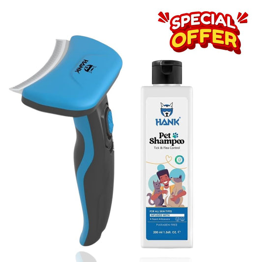 HANK Pet Coat Care Kit | Self-Cleaning Deshedder Brush & Natural Tick & Flea Shampoo