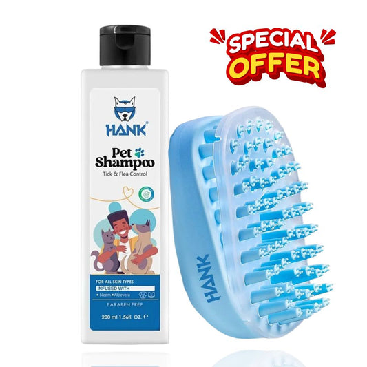 HANK Pet Bathing Kit | 3 in 1 Bath Brush with Flea & Tick Shampoo
