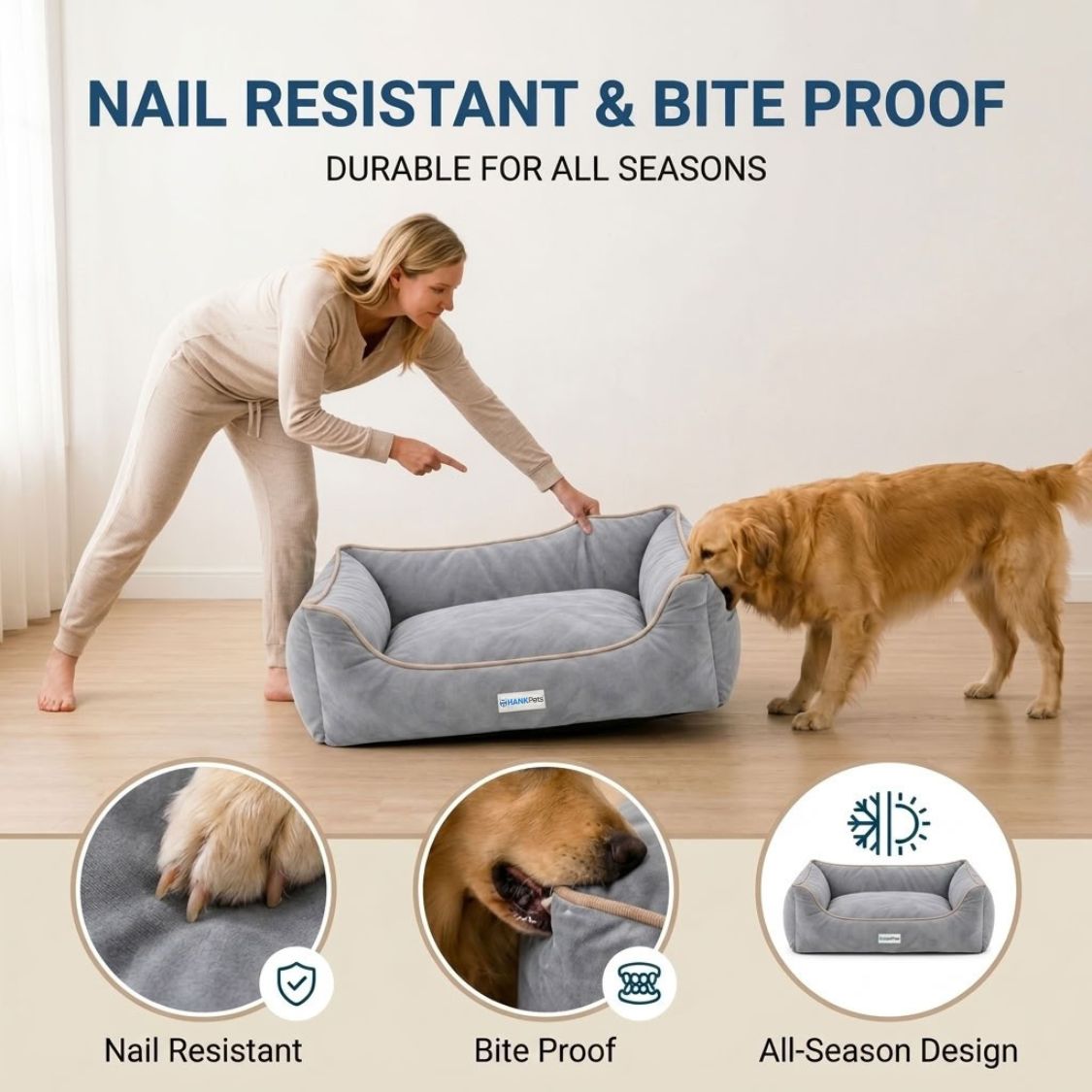 HANK SoftNest Premium Dog Bed Anti Skid & Machine Washable (Grey)