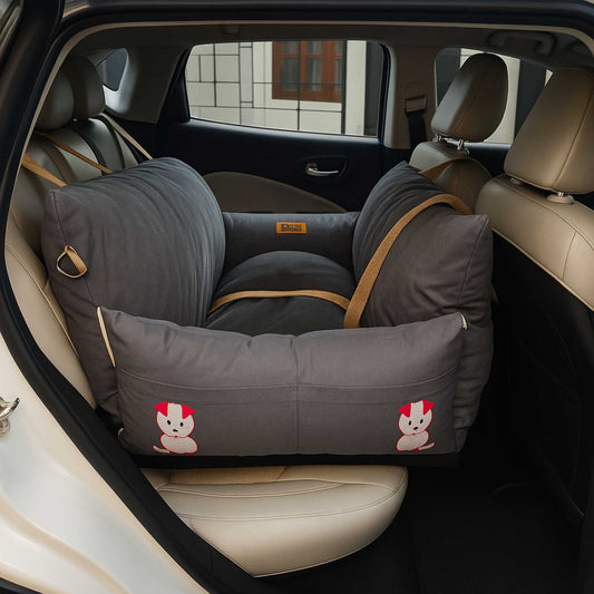Pet Car Travel Bed with Safety Leash | Pet Seat Bed for Dogs & Cats | Autumn Gray