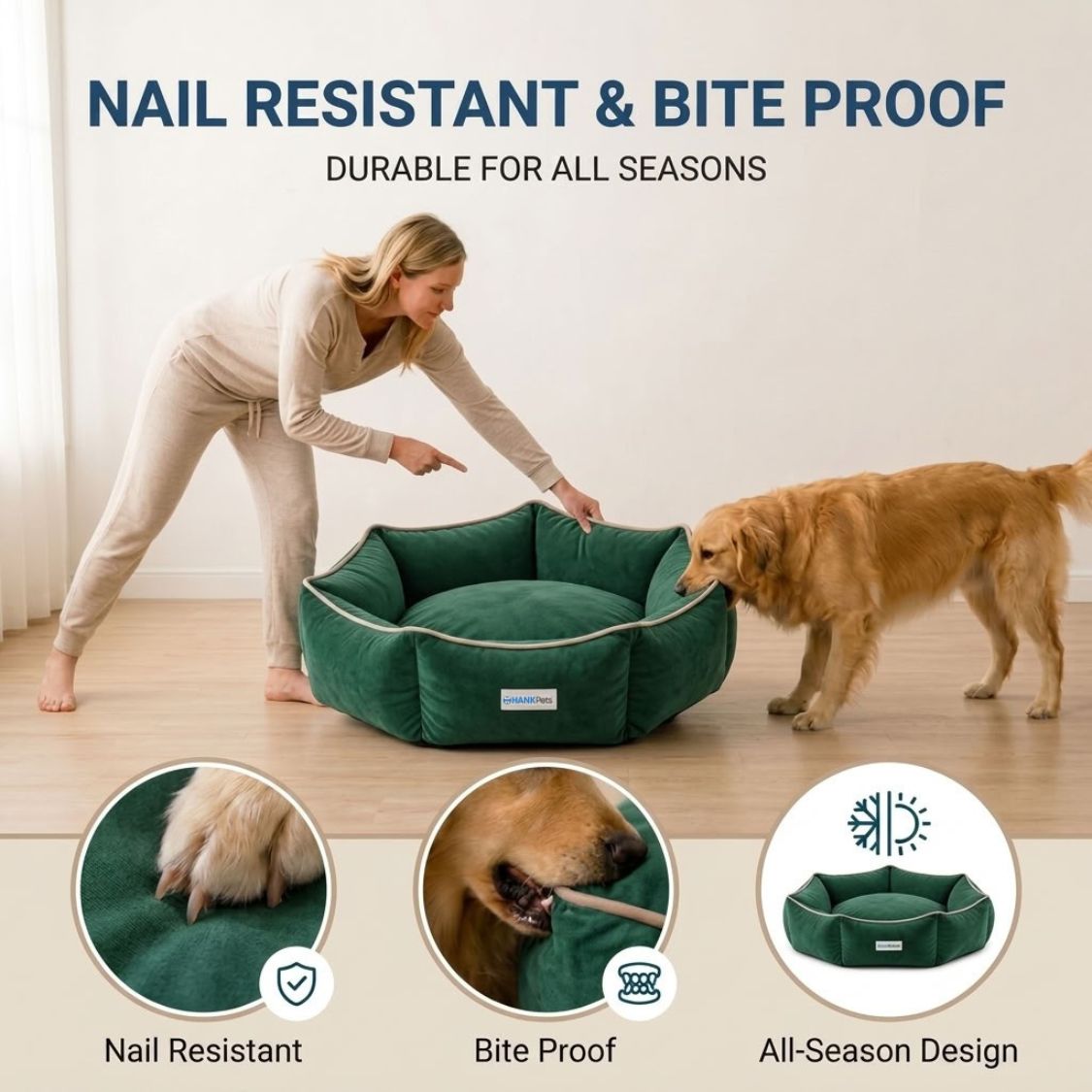 HANK HugFit Premium Dog Bed | Anti Skid & Machine Washable(Green)