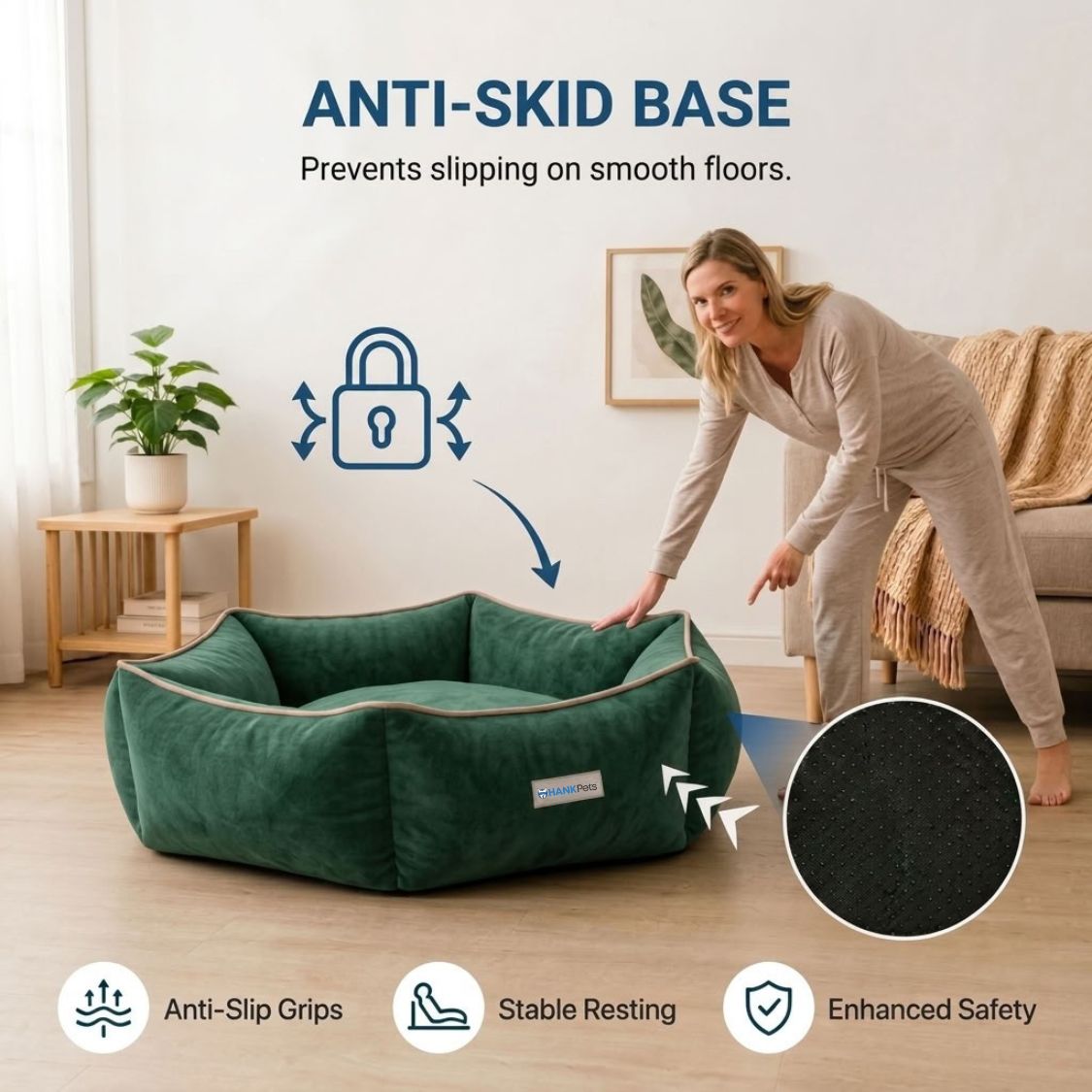 HANK HugFit Premium Dog Bed | Anti Skid & Machine Washable(Green)
