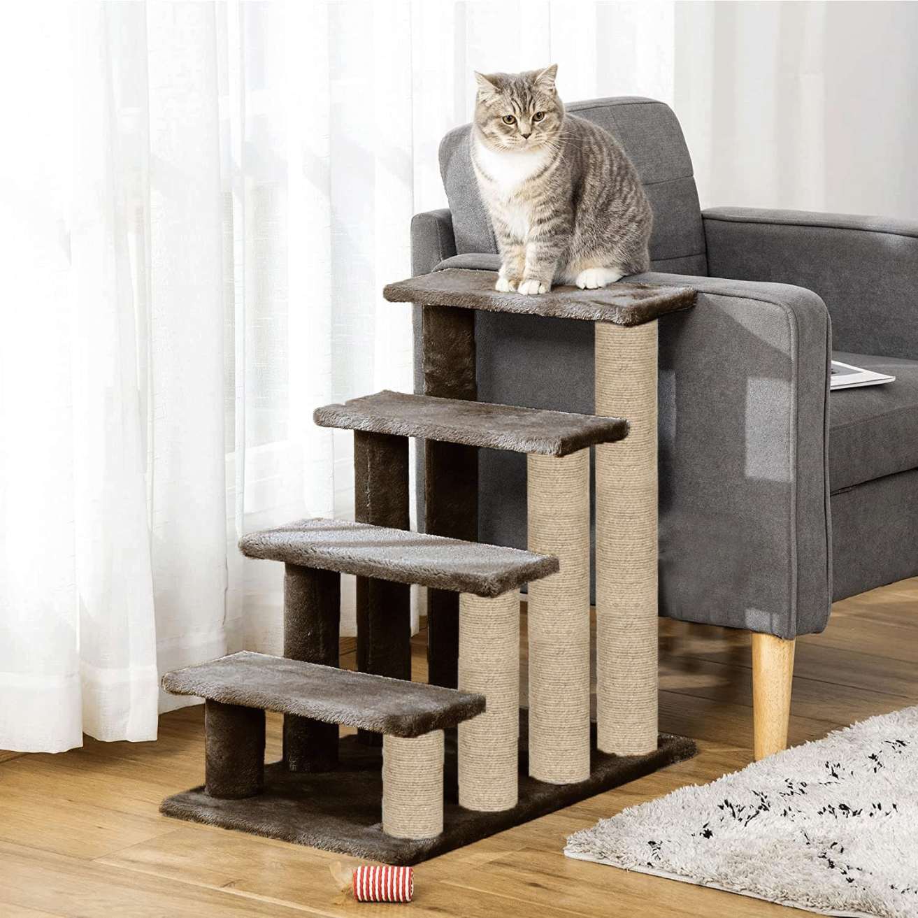 Cat Stairs Ladder - 4 Tier Climbing Steps - Plush Pet Sofa Steps - Jute