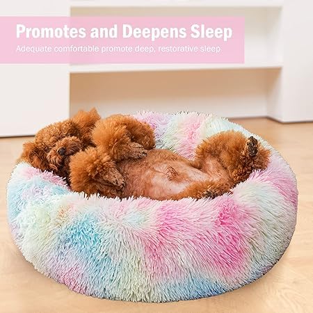 Dog lying on a fluffy, multicolored pet bed with text about sleep promotion.