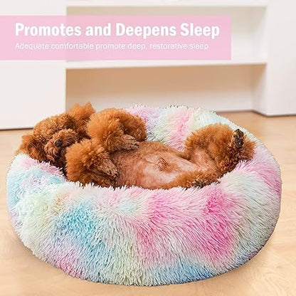 Dog lying on a fluffy, multicolored pet bed with text about sleep promotion.