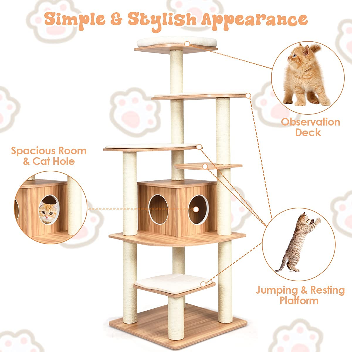 Everest Heights Premium Wooden Cat Tower with Sisal Scratcher