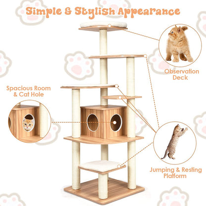 Everest Heights Premium Wooden Cat Tower with Sisal Scratcher