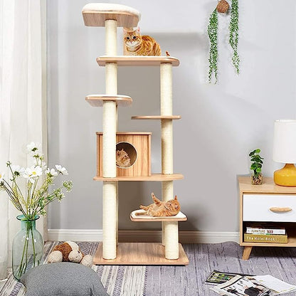 Everest Heights Premium Wooden Cat Tower with Sisal Scratcher