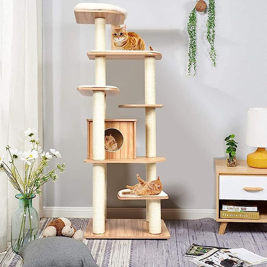 Everest Heights Premium Wooden Cat Tower with Sisal Scratcher