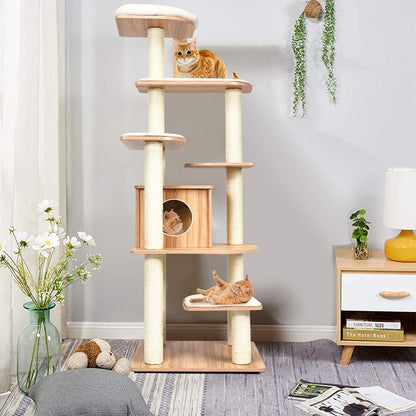 Everest Heights Premium Wooden Cat Tower with Sisal Scratcher