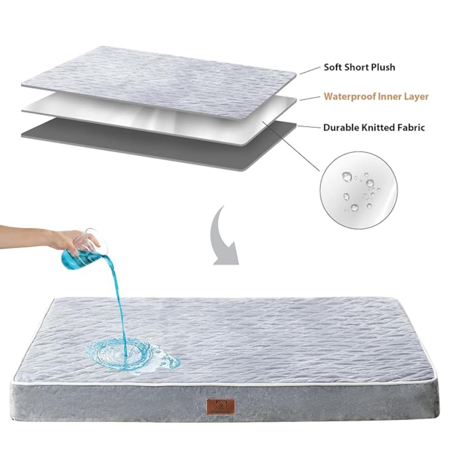 Orthopedic Memory Foam Dog Bed Waterproof, Washable Anti-Slip Large Pet Bed (Light Grey)