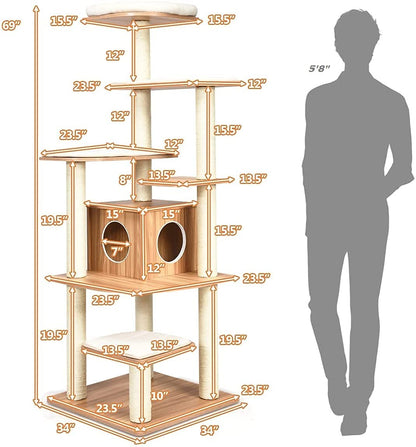 Everest Heights Premium Wooden Cat Tower with Sisal Scratcher
