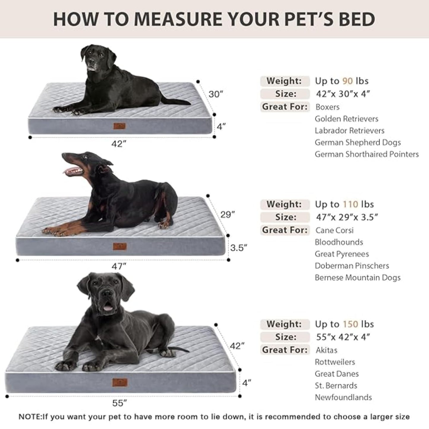 Orthopedic Memory Foam Dog Bed Waterproof, Washable Anti-Slip Large Pet Bed (Light Grey)