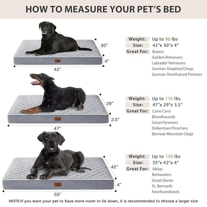 Orthopedic Memory Foam Dog Bed Waterproof, Washable Anti-Slip Large Pet Bed (Light Grey)