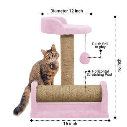 Soft Fur Fabric Activity Dual Jute Rope Scratching Post Cat Tree (Height 16 Inch)