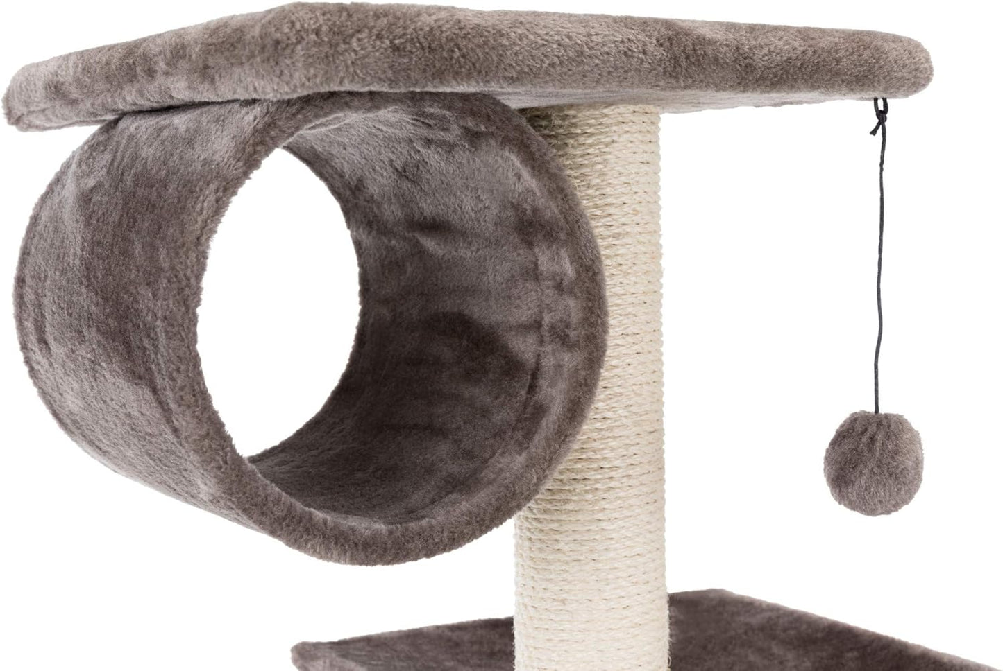 Cat tunnel feature on grey multi-cat tree tower