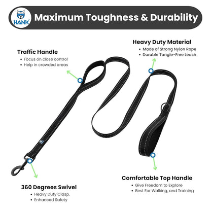 HANK Dog Leash Design for Heavy Puller | Thick Durable Comfortable (Double Handle) Black