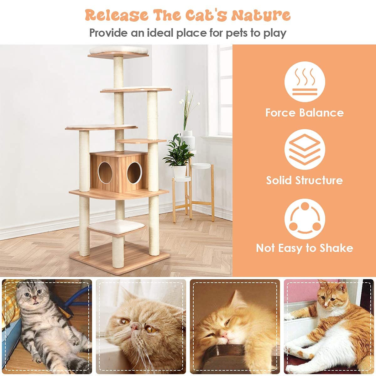 Everest Heights Premium Wooden Cat Tower with Sisal Scratcher