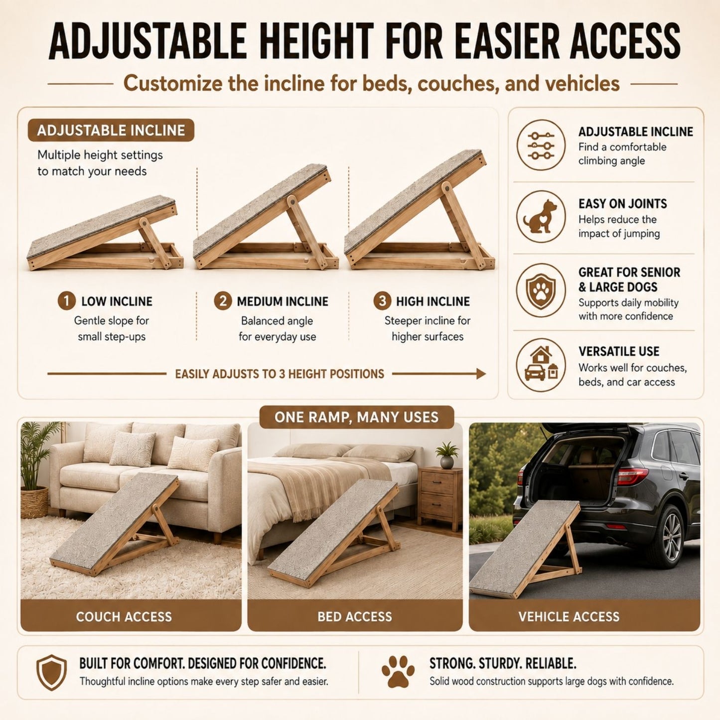 Foldable Pet Ramp for Dogs & Cats – Anti-Slip Wooden Ramp for Large Dogs