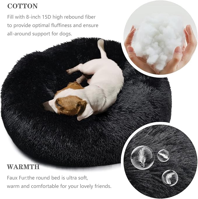 Round Donut Pet Bed for Cats & Dogs, Soft & Washable (Black)