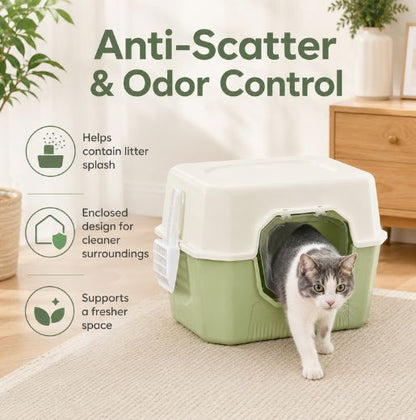 Stylish Covered Cat Litter Box With Swing Door & Scoop