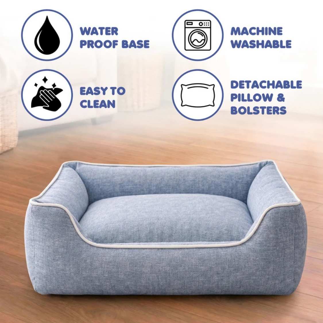 Premium Orthopedic Denim Blue Pet Bed | Soft Bolster Cushion Washable Pet Bed