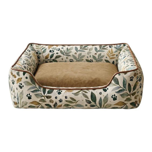 Luxury Leaf Print Dog Bed With Bolsters | Washable Anti Slip & Durable