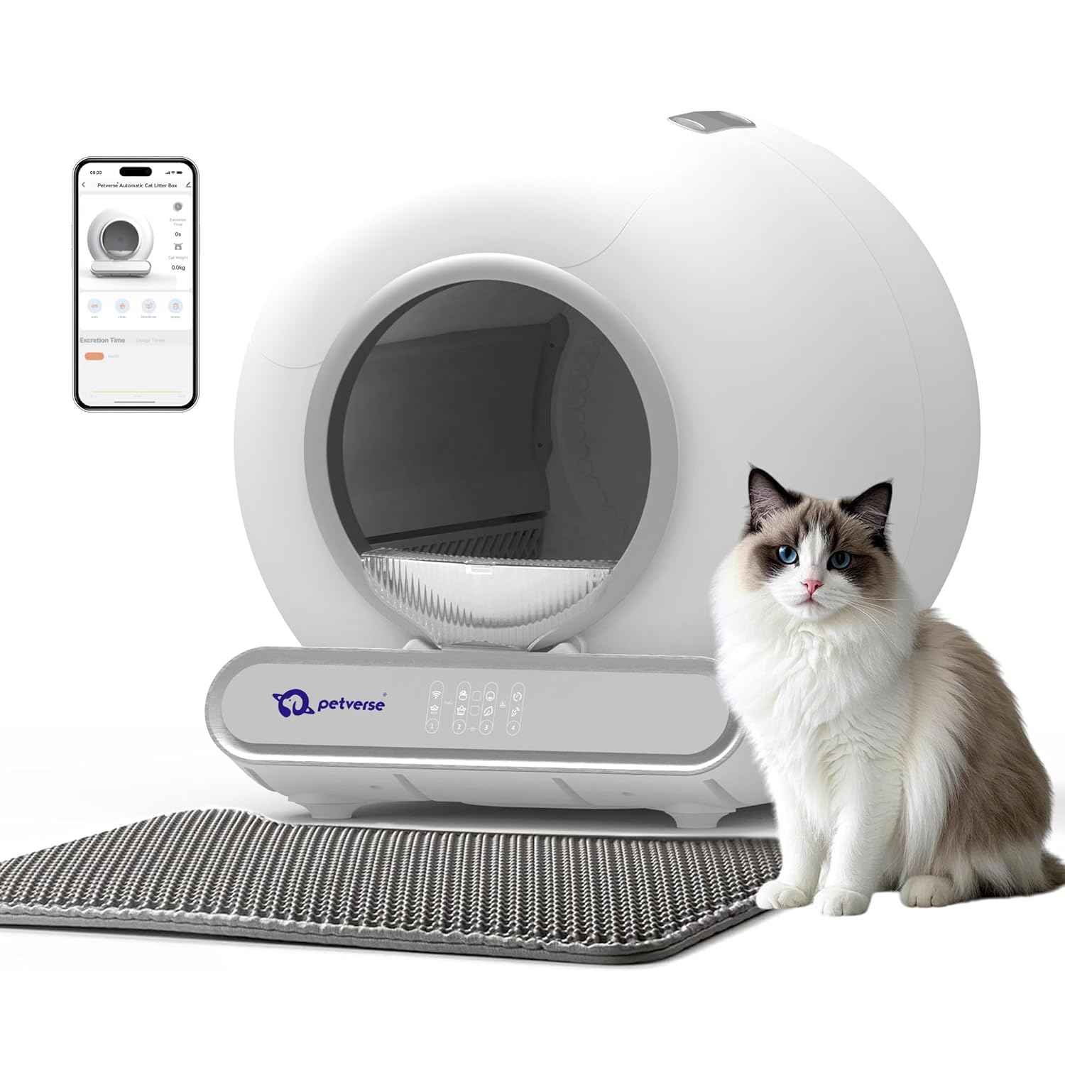 White automatic smart cat litter box with litter mat, ragdoll cat, and smartphone app display.