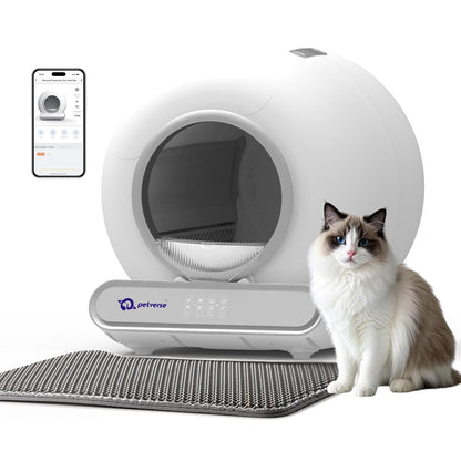 White automatic smart cat litter box with litter mat, ragdoll cat, and smartphone app display.