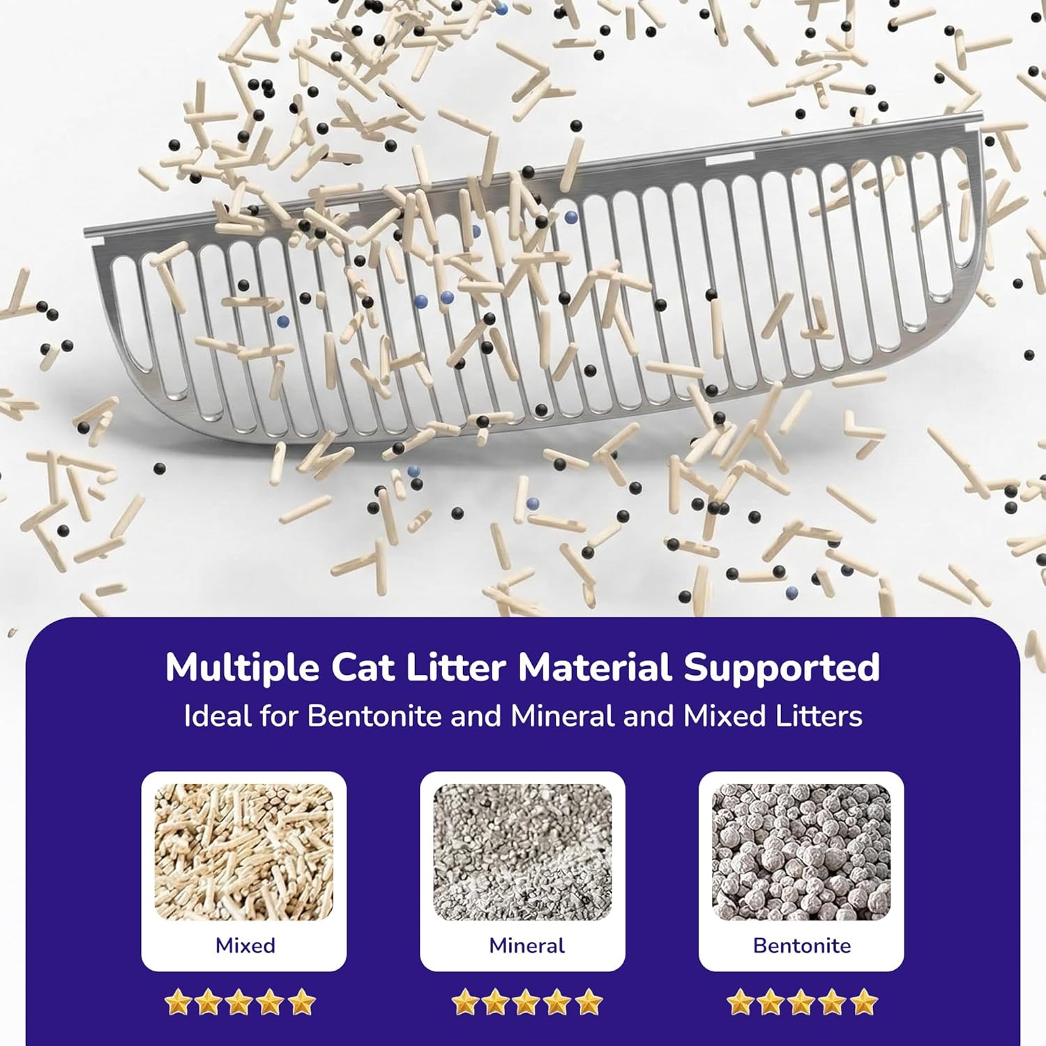 Automatic cat litter box compatibility chart showing a sifting grate filtering mixed, mineral, and bentonite litters.