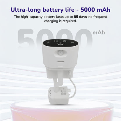 Infographic showcasing the 5000 mAh long-lasting battery mechanism for a wireless automatic pet water fountain.