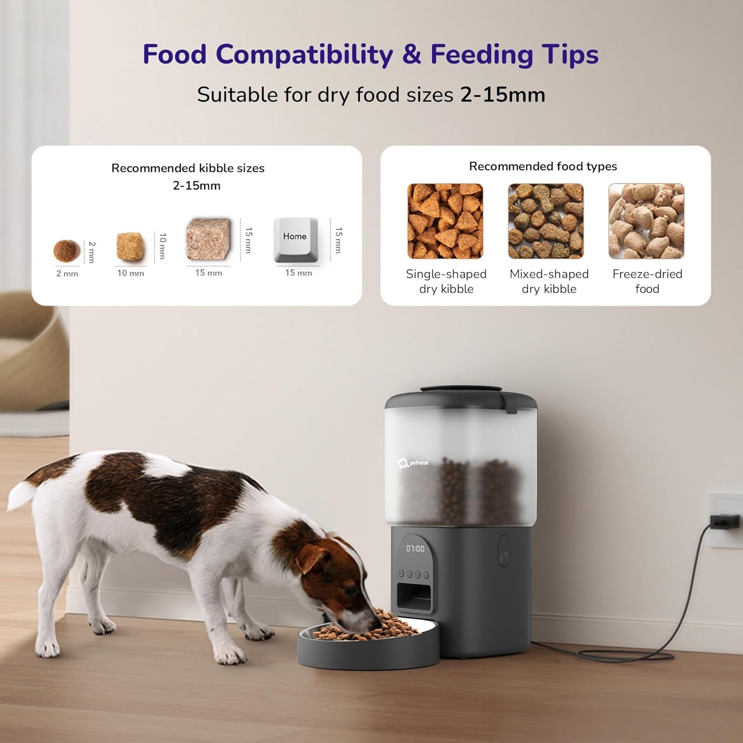 Infographic showing 2–15mm kibble size compatibility chart for automatic pet feeder with dog.