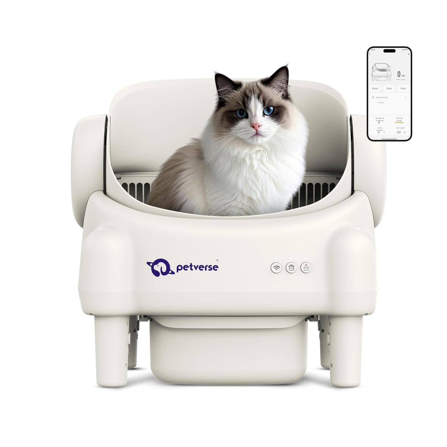 White Petverse smart automatic cat litter box with a fluffy cat inside and a smartphone app interface display.