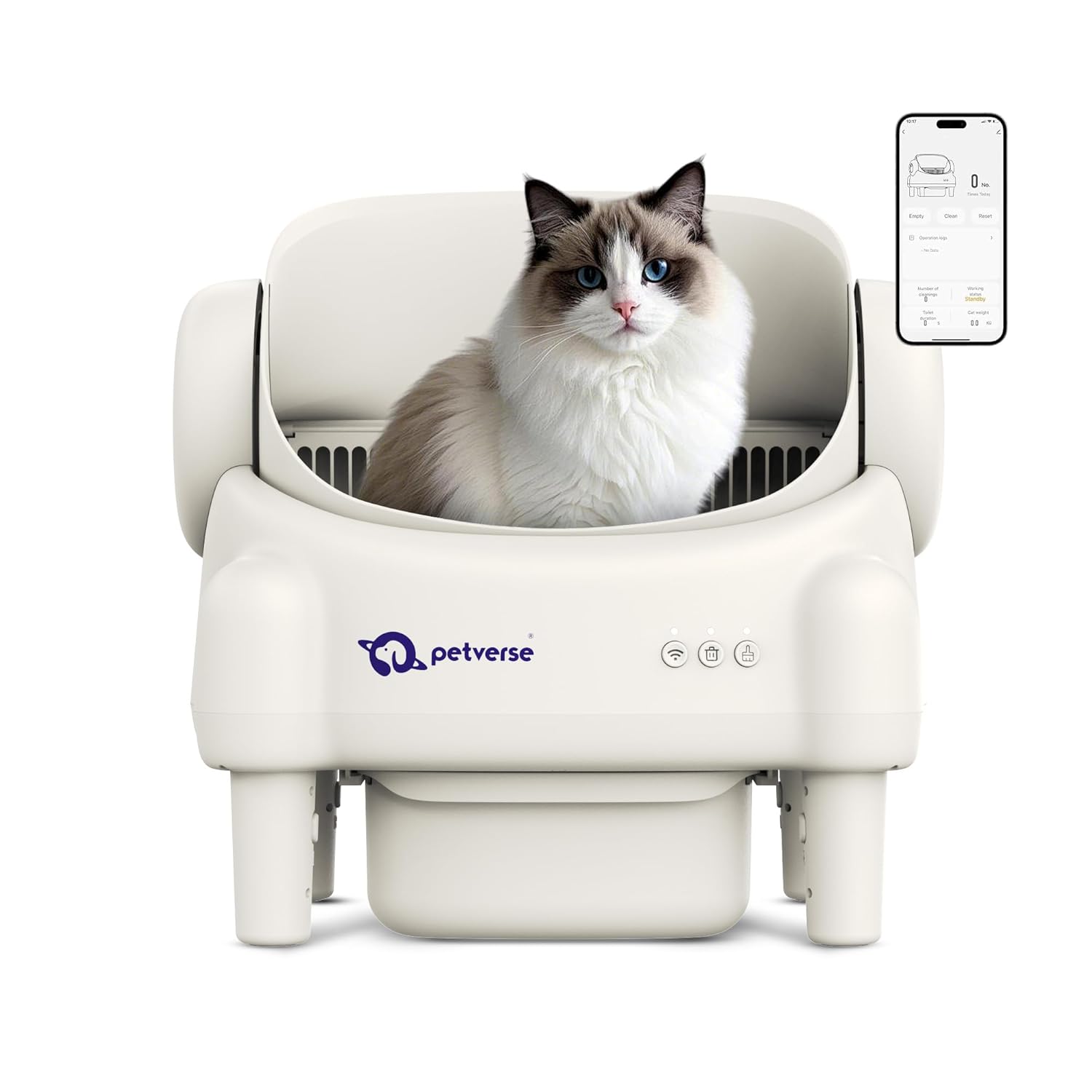 White Petverse smart automatic cat litter box with a fluffy cat inside and a smartphone app interface display.