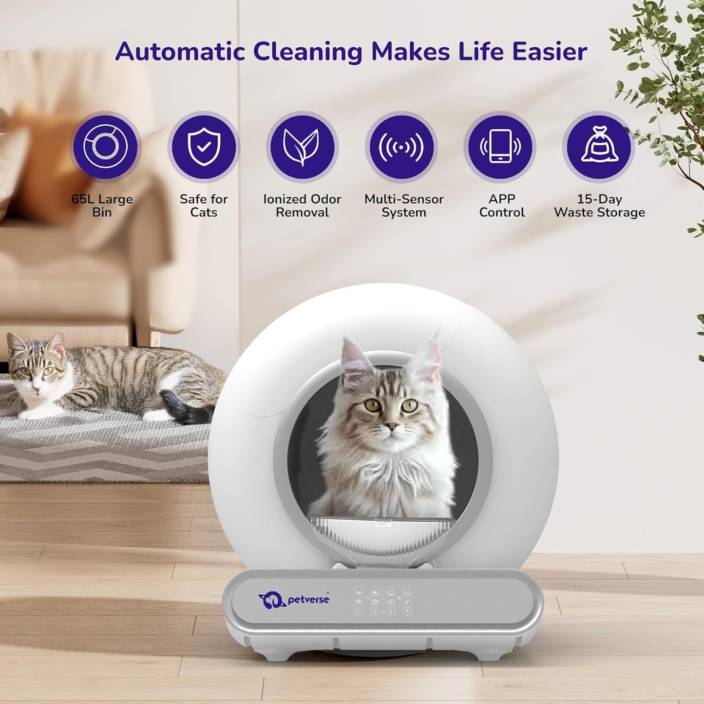 Infographic showing a round smart cat litter box with a mat, a Ragdoll cat, and its smartphone app interface.