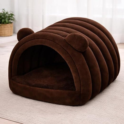 Bear Shape Pet Bed Cave – Soft Plush Indoor Pet House for Cats & Dogs