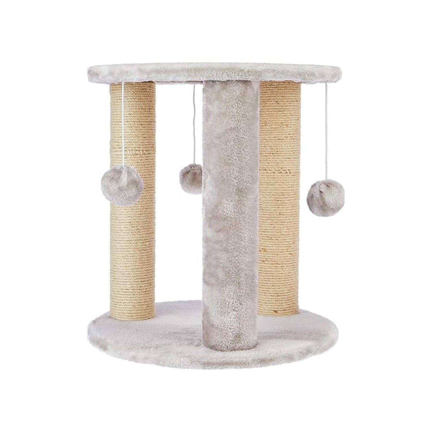 Beige Natural Jute Fiber Round Cat Tower with Rope Scratching Posts & Hanging Balls