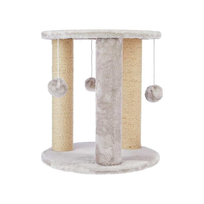 Beige Natural Jute Fiber Round Cat Tower with Rope Scratching Posts & Hanging Balls