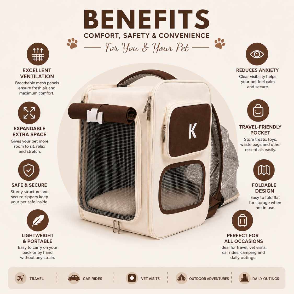 Expandable Cat Carrier Backpack | Brown Pet Travel Bag