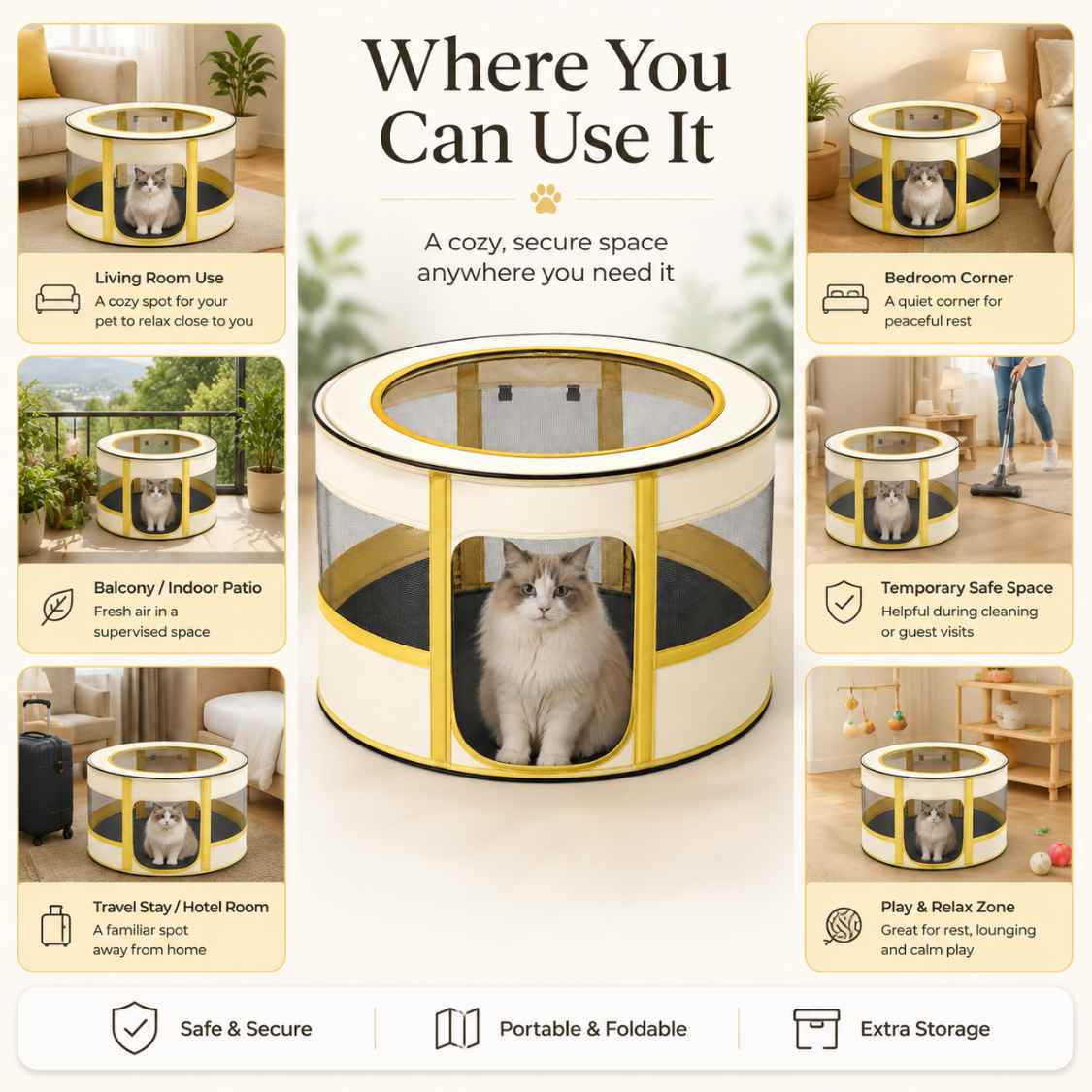 Foldable Indoor Pet Playpen Tent With Breathable Mesh For Cats & Small Dogs