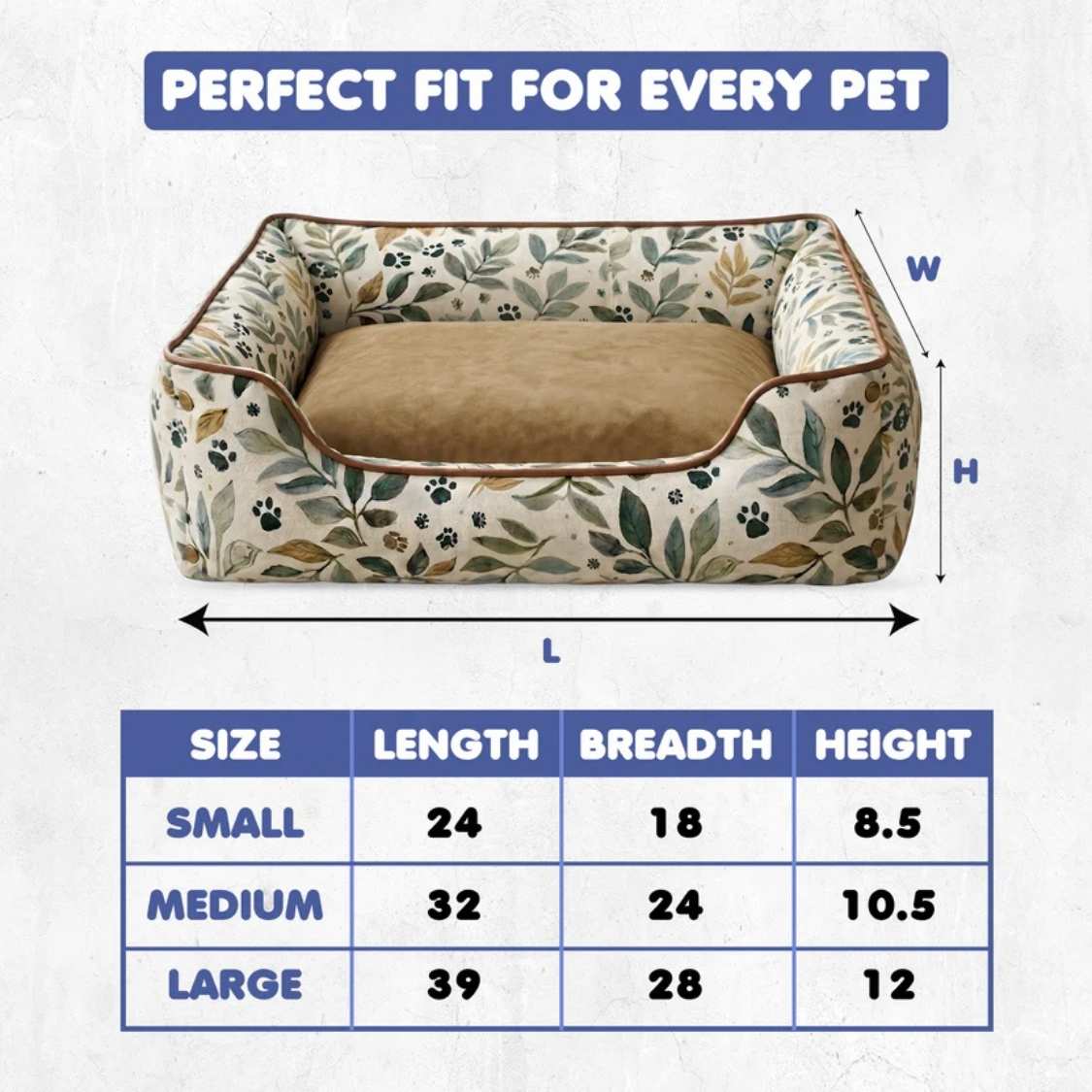 Luxury Leaf Print Dog Bed With Bolsters | Washable Anti Slip & Durable