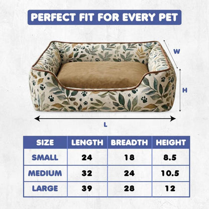 Luxury Leaf Print Dog Bed With Bolsters | Washable Anti Slip & Durable