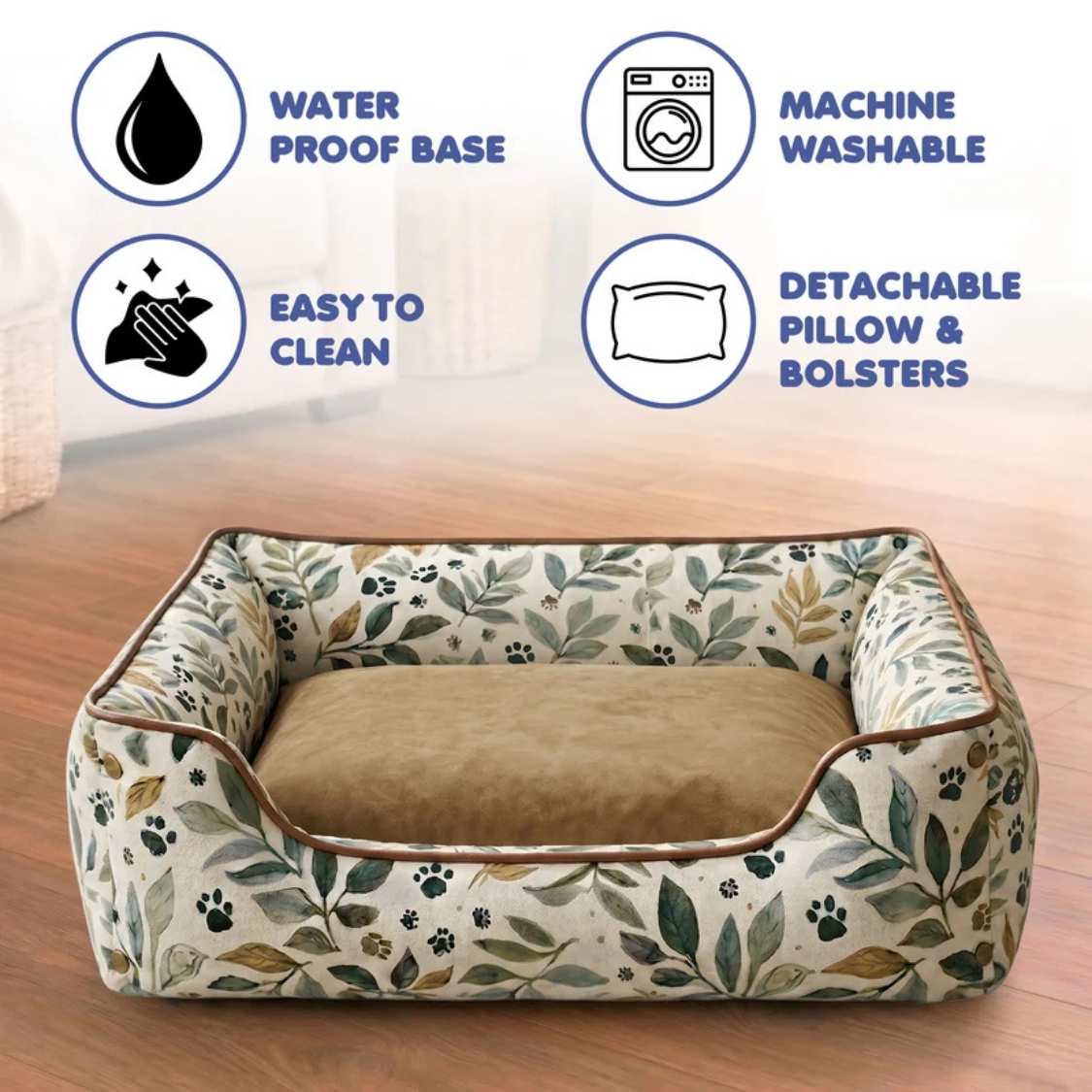 Luxury Leaf Print Dog Bed With Bolsters | Washable Anti Slip & Durable