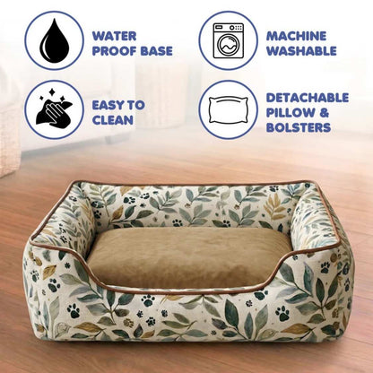 Luxury Leaf Print Dog Bed With Bolsters | Washable Anti Slip & Durable