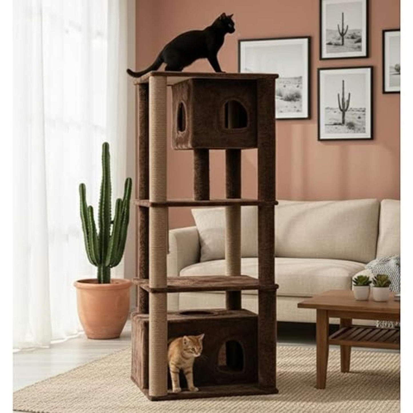 Cat Tree Tower with Condos & Scratching Posts – Multi-Level Cat Furniture (62-Inch) (Brown)